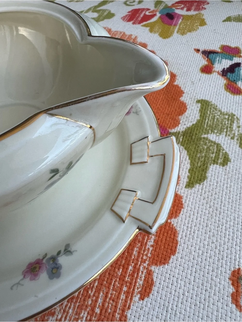 Vintage MECO Czechoslovakia Porcelain Gravy Boat Underplate Floral Gold Trim